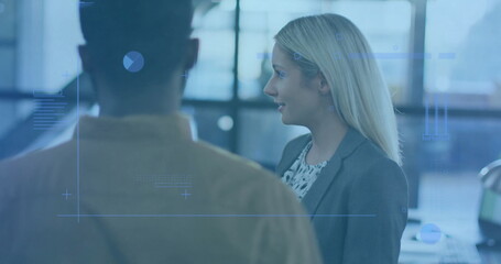 Business data visualization image over diverse professionals in office environment