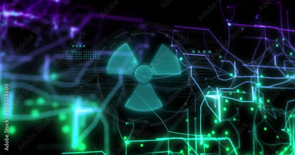 Poster radiation hazard symbol image over digital network and data processing visualization