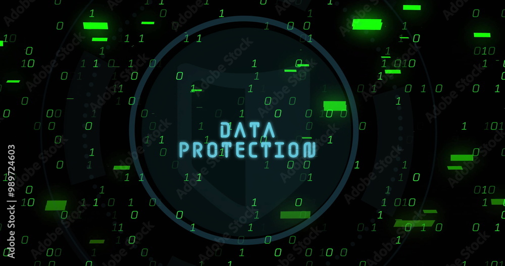 Poster binary code and digital interface image over green background