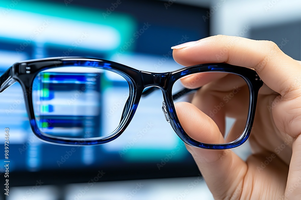 Aufkleber a close-up of an office workerâ€™s hand adjusting their glasses, with a computer screen and document
