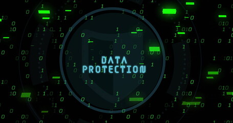 Binary code and digital interface image over green background