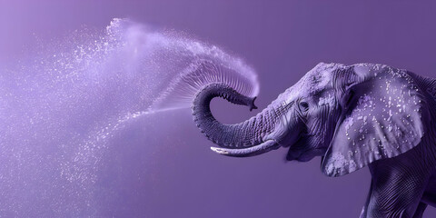 Elephant Sprays Water, Creating Purple Mist, Copy Space