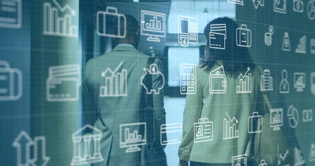 Business icons and data analytics image over people walking in office