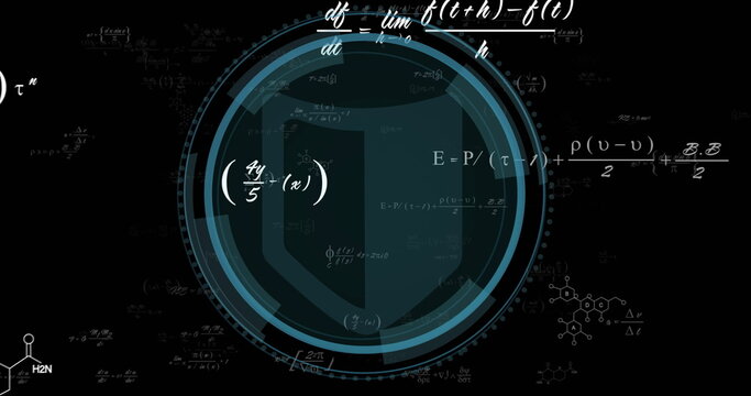 Mathematical equations and scientific formulas image over circular digital interface