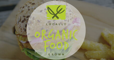Locally grown organic food image over close-up of sesame seed burger