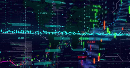 Image of financial data processing over grid on dark background