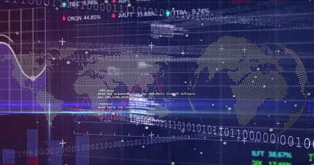 Image of binary coding and financial data processing over world map