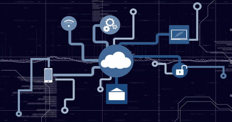 Image of cloud icon with connections and data processing over dark background