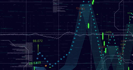 Image of financial data processing over grid on dark background