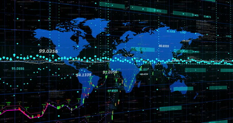 Image of financial data processing over world map