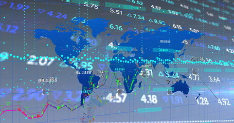 Image of financial data processing over world map