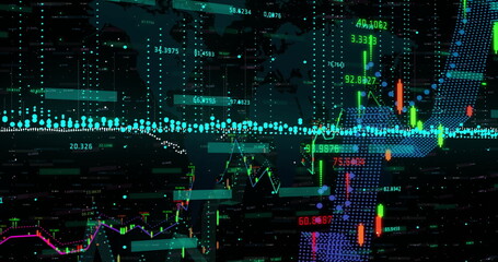 Image of financial data processing over grid on dark background