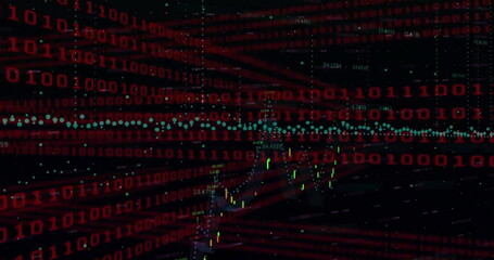 Image of binary coding data processing over grid on dark background
