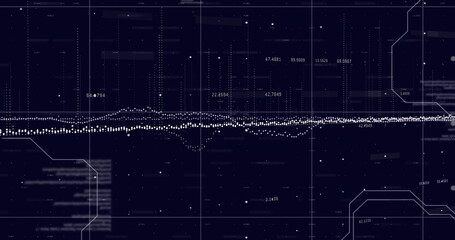 Image of financial data processing over grid on dark background