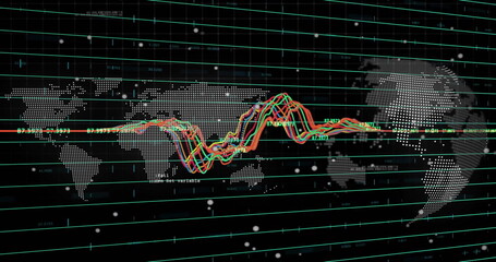 Image of financial data processing over world map