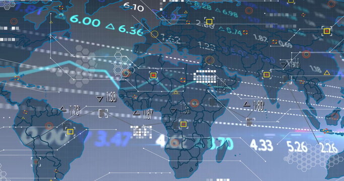 Image of financial data processing over world map
