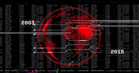 Image of data processing and globe over black background