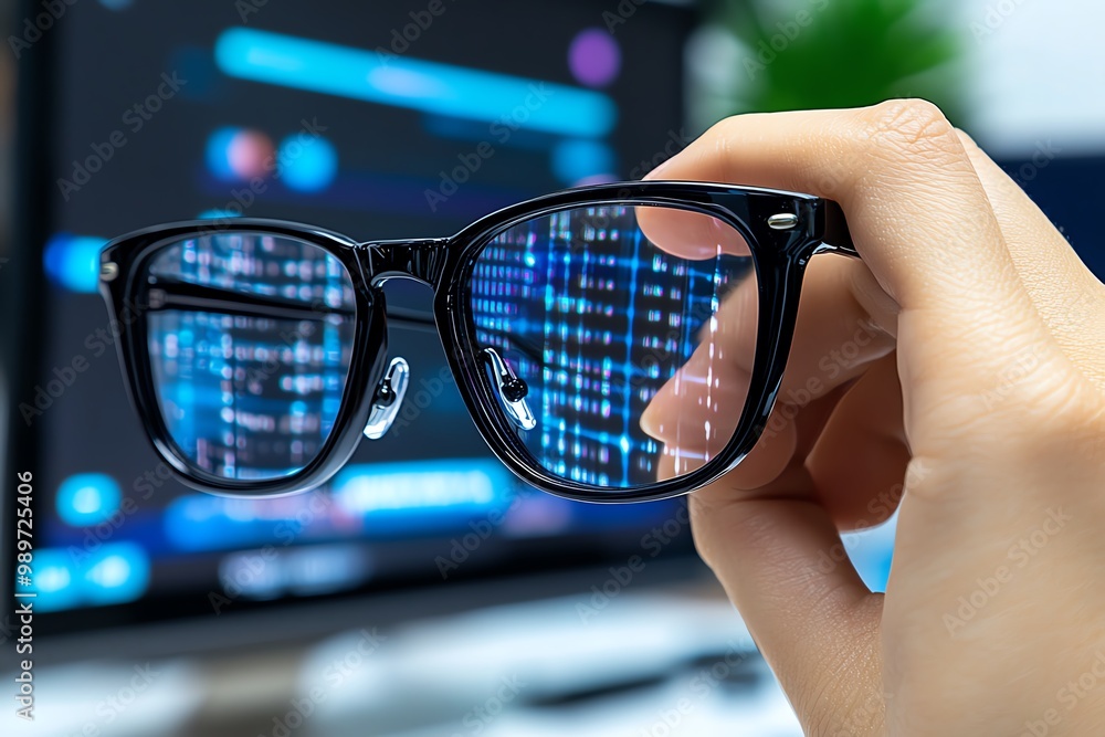 Poster a close-up of an office workerâ€™s hand adjusting their glasses, with a computer screen and document
