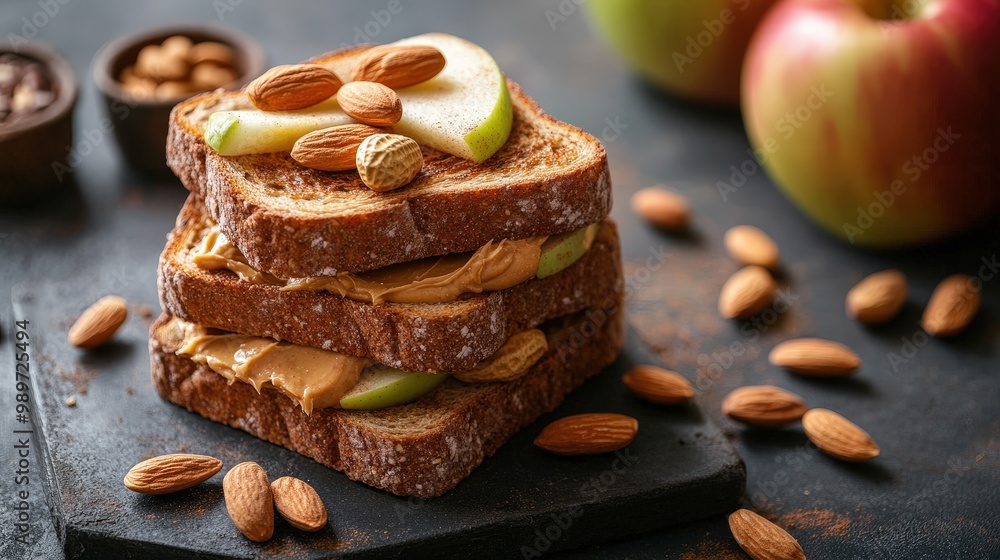 Poster nutritious breakfast concept with wholewheat grill toast, peanut butter, nuts, and fresh apples on d