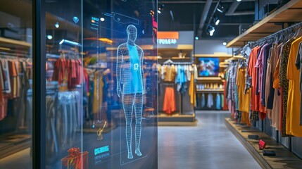 Augmented reality mirror displaying virtual clothing choices on customer using interactive AI assistant. AI generated