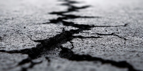 Obraz premium A close-up view of a deep fissure in a dark and rough surface, revealing the intricate texture and details of the cracked terrain