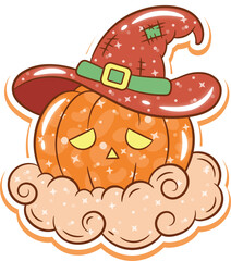 Halloween cute pumpkin drawing with sparkling cloud without background