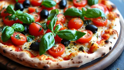 Flavorful pizza slice topped with fresh tomatoes, olives, and vibrant basil leaves