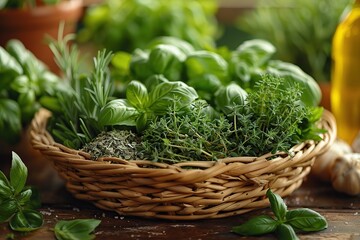 Naklejka premium Fresh Herbs in Basket