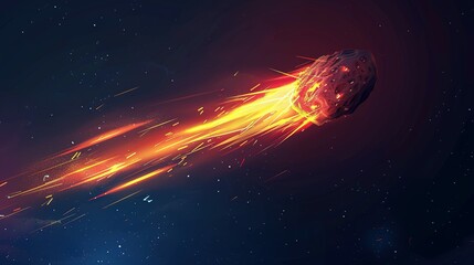 A fiery asteroid streaks across the night sky, leaving a trail of glowing debris.