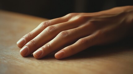 Hand resting on a table, close-up, emphasis on the relaxed fingers, light-colored surface