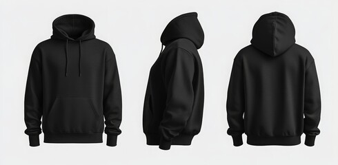 Blank black hoodie template. Hoodie sweatshirt long sleeve with clipping path, hoody for design mockup for print, isolated on white background.