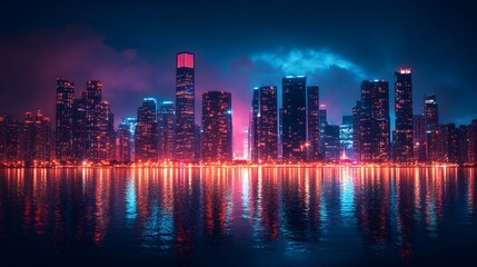 Fototapeta premium Vibrant neon lights on city streets illuminating towering buildings