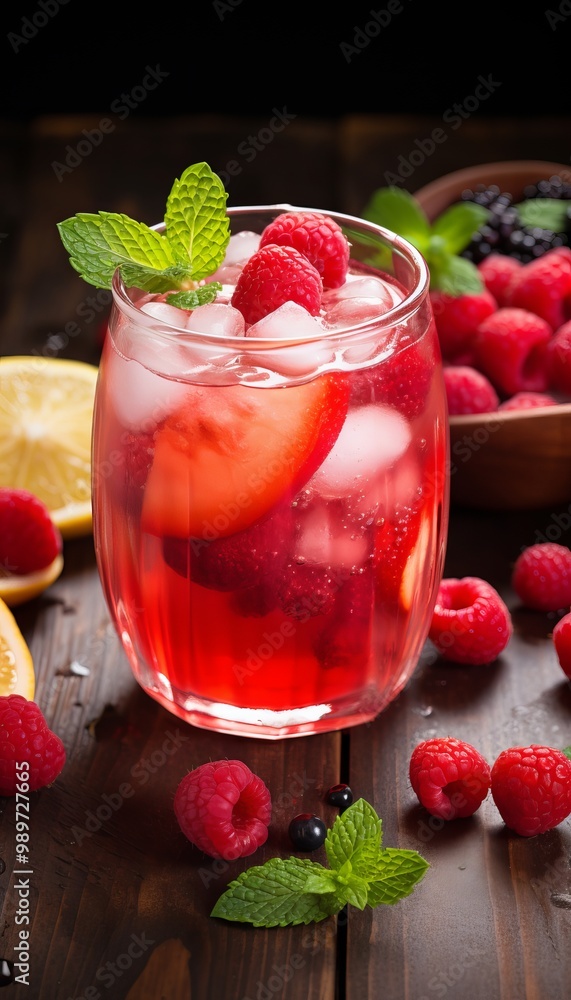 Poster refreshing raspberry lemonade with mint garnish and fresh berries on a rustic wooden table