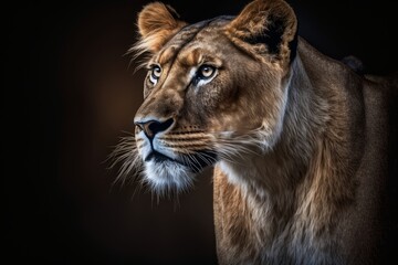 Fototapeta premium A striking close-up of a lioness in low, dramatic lighting, highlighting her intense gaze and majestic features..