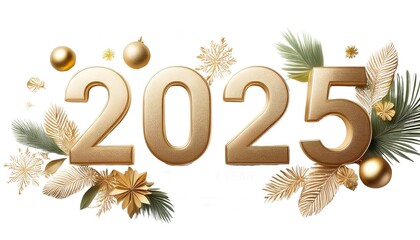 Gold 2025 text surrounded by festive decorations, isolated on white background.