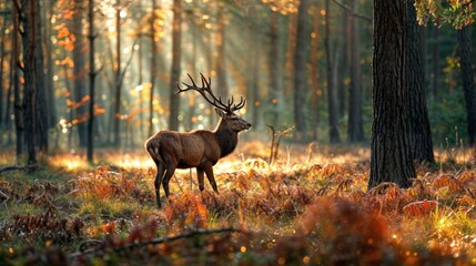 A majestic stag stands proudly in a sunlit autumn forest, surrounded by golden foliage and soft morning light filtering through trees..