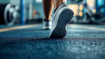 Intimate view of a personal's feet in athletic shoes, pushing off a gym floor during a high-intensity workout session