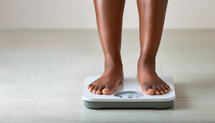 Female leg stepping on weigh scales. Healthy lifestyle, food and sport concept. space for text
