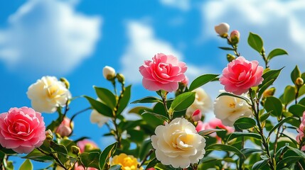 Obraz premium A vibrant display of blooming camellia flowers showcasing a variety of colors alongside unopened flower buds. The tender green leaves complement the delicate and juicy petals, 