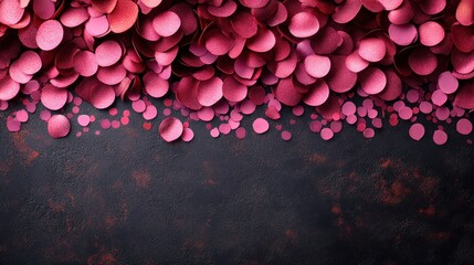 A festive and elegant backdrop featuring a scattering of crimson and pink confetti arranged in a graceful cascade over a textured black surface