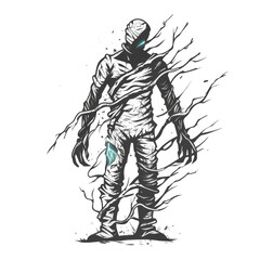 Fototapeta premium A ghostly figure shrouded in ethereal branches, glowing with an eerie blue light.