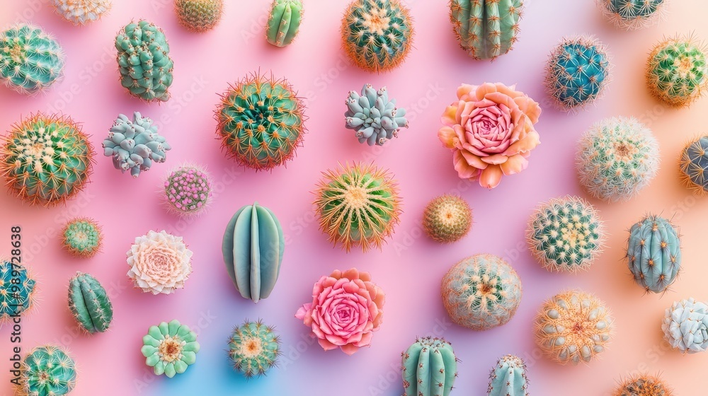 Poster Diverse Array of Colorful Cacti on Pastel Background - Top View of Various Shapes and Sizes | Vibrant Cacti Collection