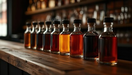 A collection of various whiskey bottles arranged neatly on a wooden bar in a cozy tavern setting, highlighting rich colors.