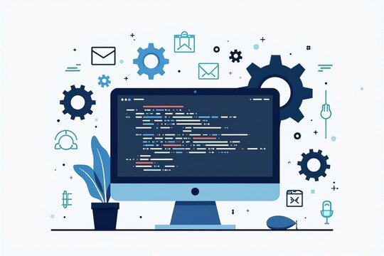 Web Development: Computer Screen with Code and Programming Elements Illustration