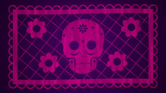Papel picado de d&iacute;a de muertos con calavera y flores de color rosa. 