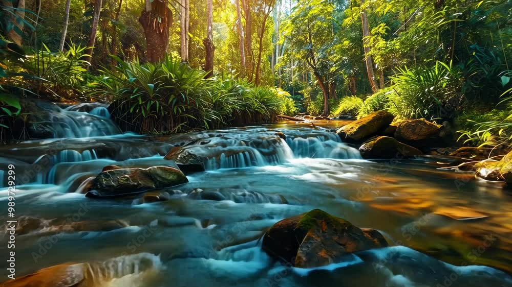 Poster a clear stream flows through a lush jungle, cascading over rocks and creating a peaceful scene on a 