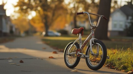 Bicycle children's parked on sidewalk childhood memory scene. AI generated