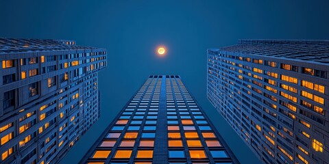 Moon over futuristic cityscape with glowing skyscrapers