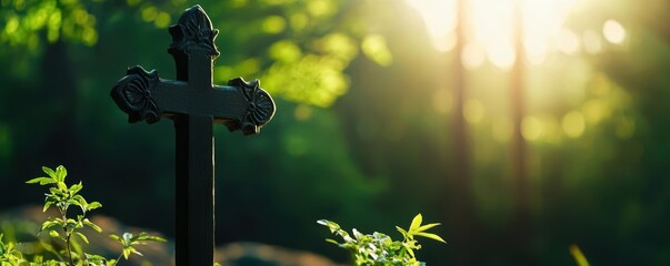 Fototapeta premium A serene close-up of a cross surrounded by lush greenery, symbolizing peace, faith, and nature's beauty in a tranquil setting.