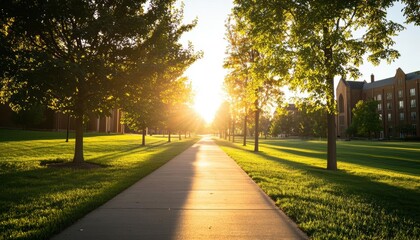 Obraz premium A serene pathway lined with trees, illuminated by the golden glow of sunset, perfect for tranquil outdoor scenes.